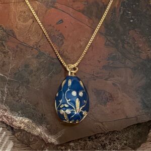 New Pretty Blue Enamel & Cubic Zirconia Egg Pendant On Gold Plated Chain